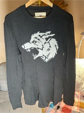 Hollister Charcoal Gray Crewneck Sweater with Light Gray Wolf Motif